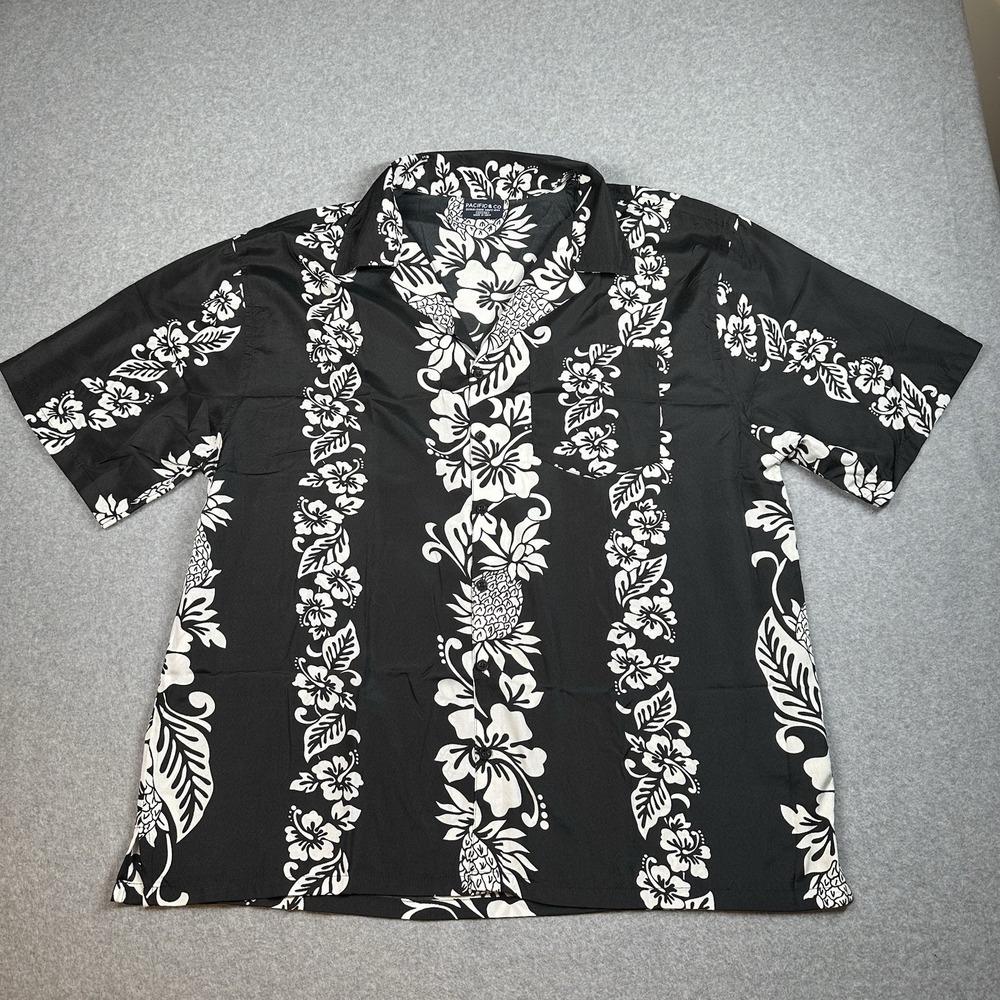 Pacific & Co Hawaiian Shirt XL Black White Floral Pineapple Aloha Lightweight